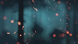 3D rendering of embers of fire in front of forest at night