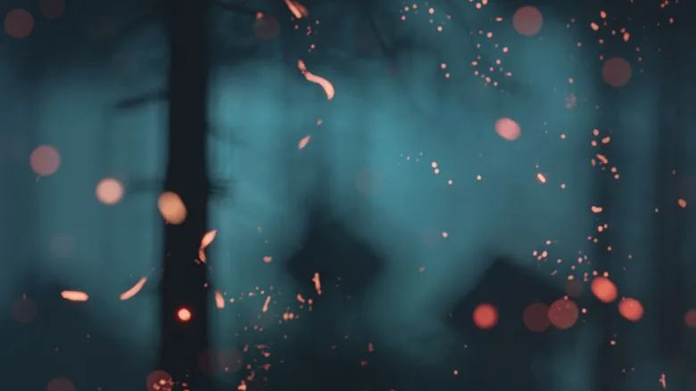 3D rendering of embers of fire in front of forest at night