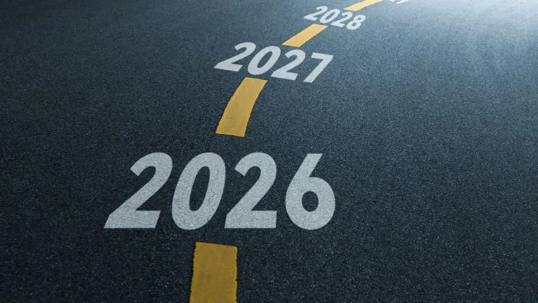 Asphalt road with 2026, 2027, to 2028