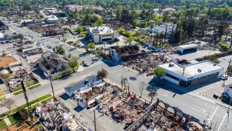 Aerial shot of fire-damaged businesses and homes on Lake Street in Altadena California USA Aerial shot of fire-damaged businesses and homes on Lake Street in Altadena California USA