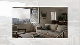 Home affected by smoke and ash from fire with window open and couch covered in ash