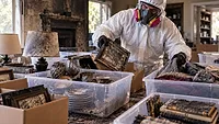 A restoration professional wearing protective personal equipment and carefully sorting through contents after a fire A restoration professional wearing protective personal equipment and carefully sorting through contents after a fire