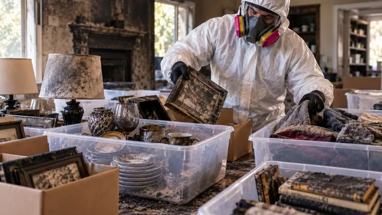 A restoration professional wearing protective personal equipment and carefully sorting through contents after a fire A restoration professional wearing protective personal equipment and carefully sorting through contents after a fire