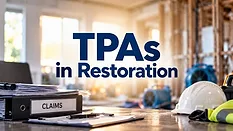 A claims binder and restoration equipment come together in a jobsite setting, representing the relationship between third-party administrators and restoration professionals