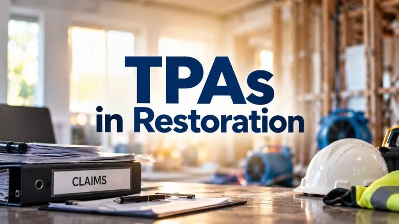 A claims binder and restoration equipment come together in a jobsite setting, representing the relationship between third-party administrators and restoration professionals
